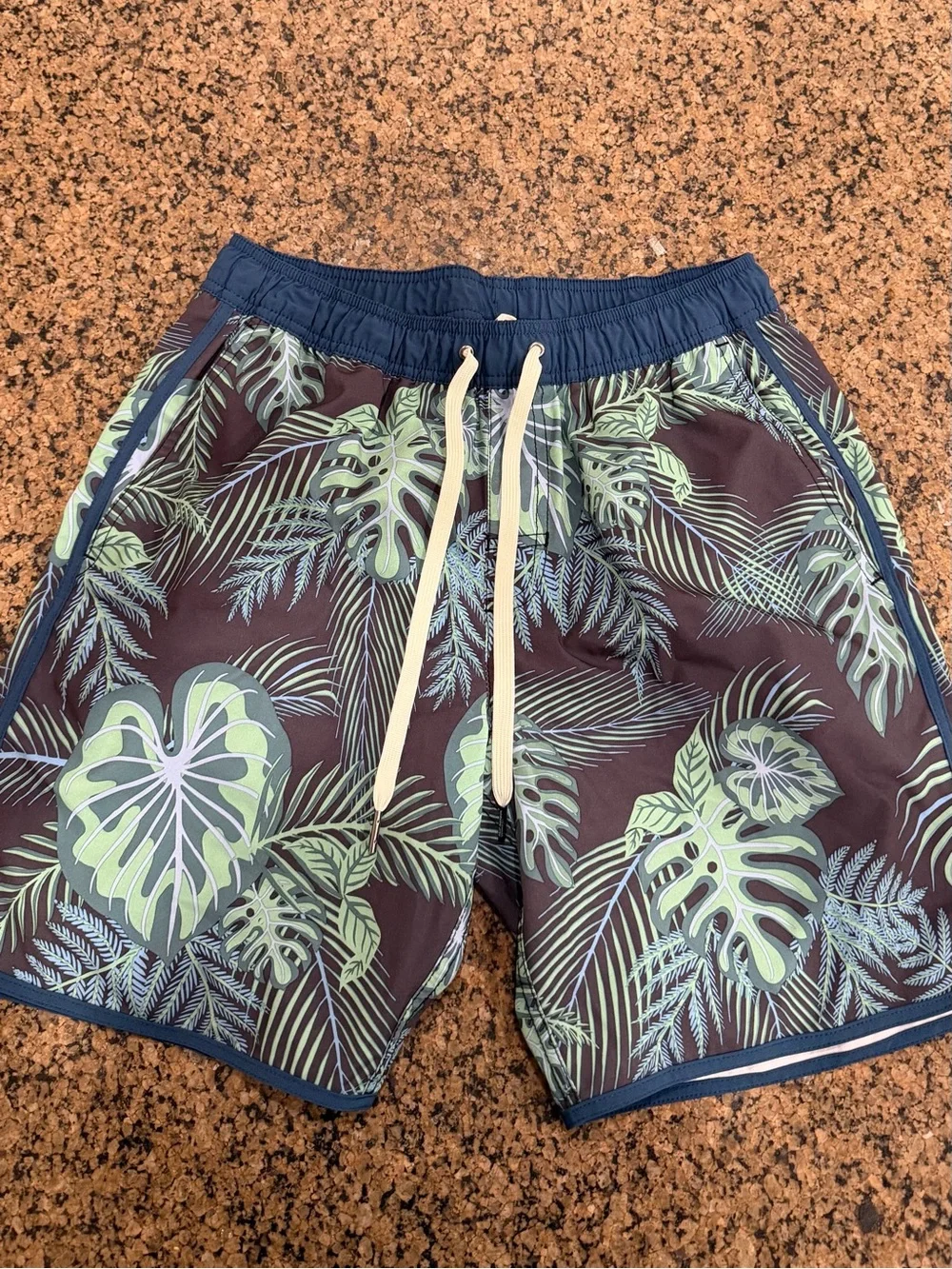 Fair Harbor Navy Hybrid Shorts with Mint Green Tropical Leaf Print